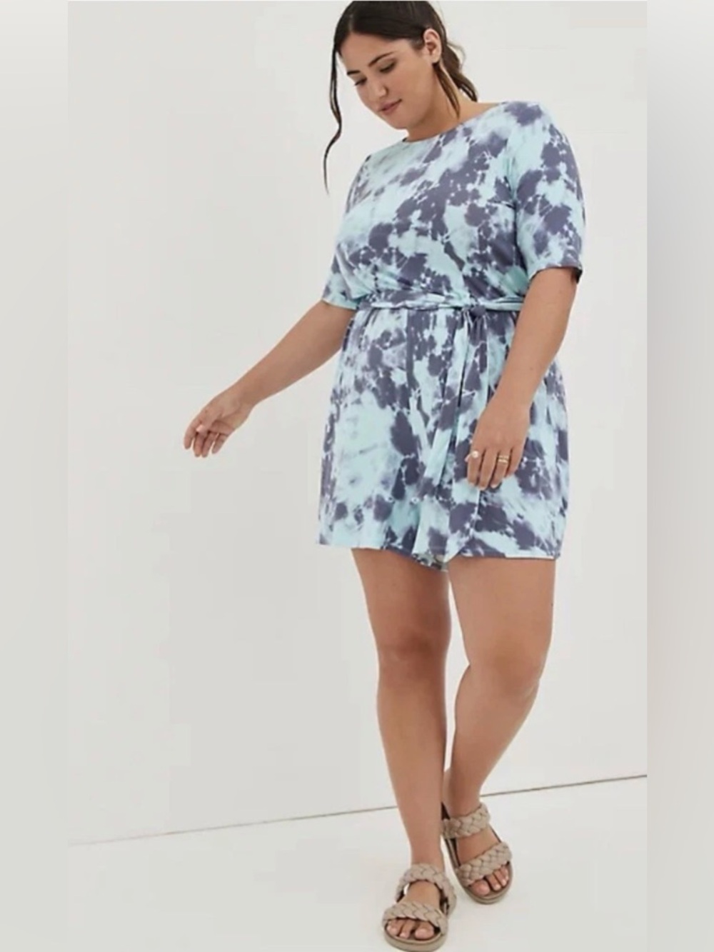 Torrid Super Soft Tie Dye Romper 00 10 NWT Blue Green Belted Pockets